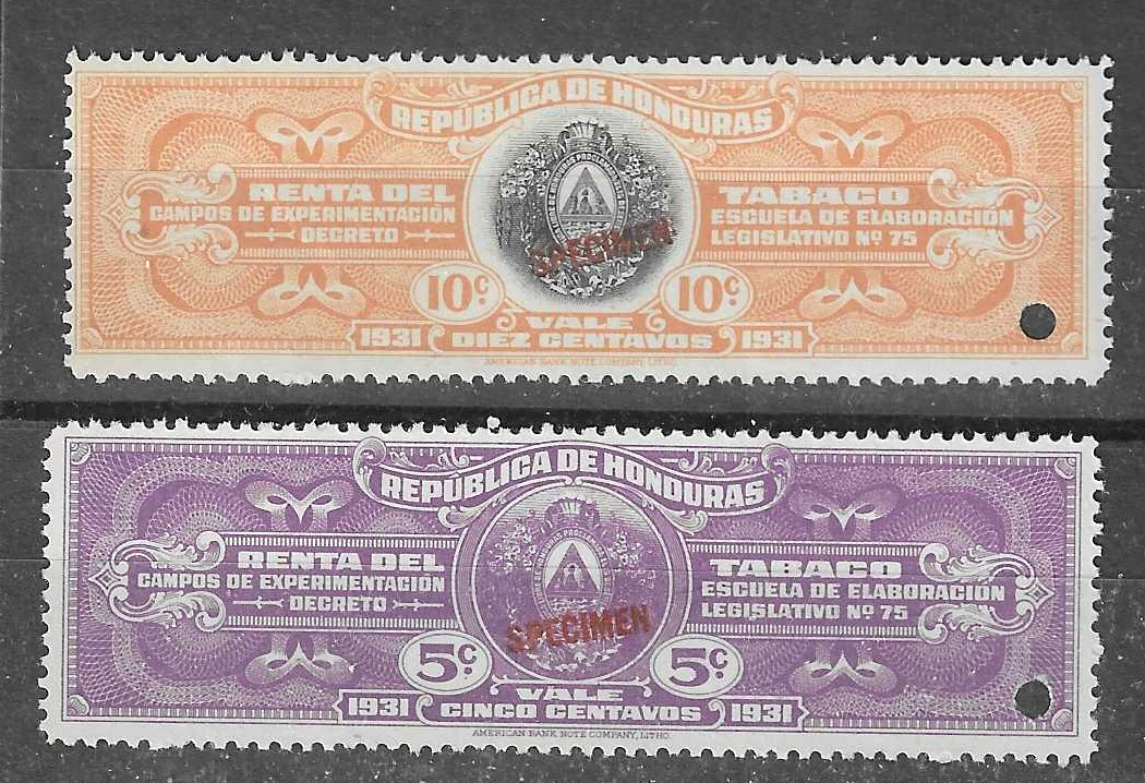 Honduras 1931, TOBACCO revenue or fiscal (x2) SPECIMEN, American Bank Note Co.