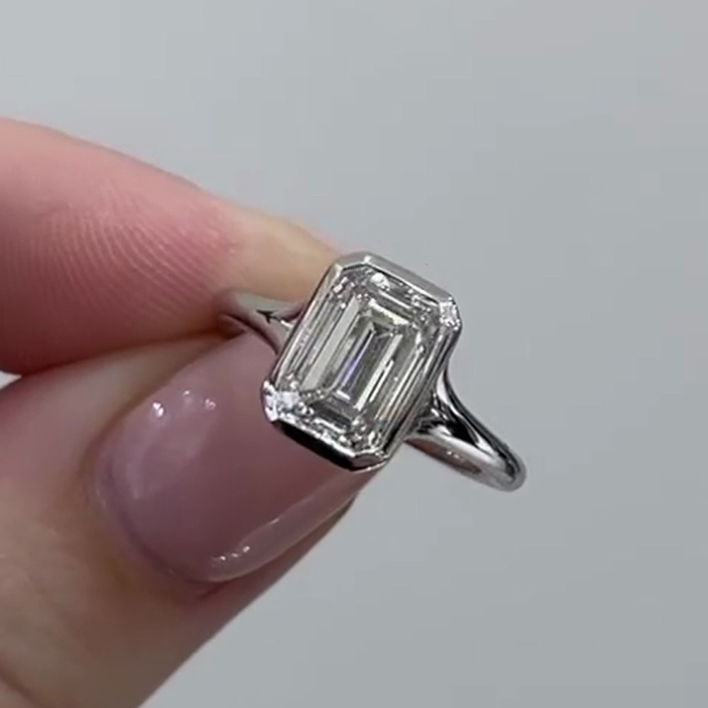 3.75 TCW Emerald Cut Moissanite Bezel Set Engagement Ring 14K White Gold Plated