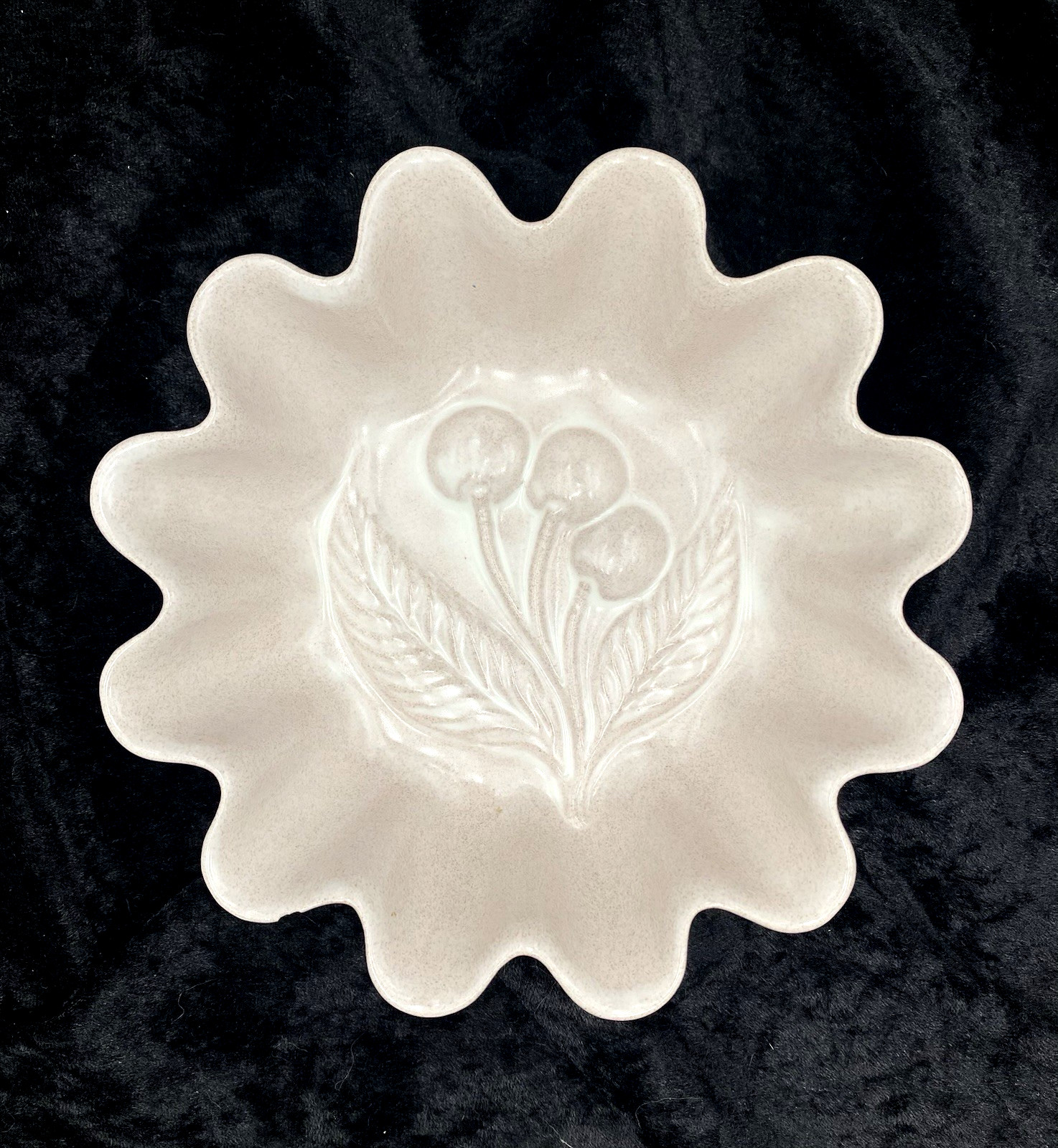 Vintage Creek Turn Pottery Bowl, Ruffled, Embossed Cherries, MCM, Signed