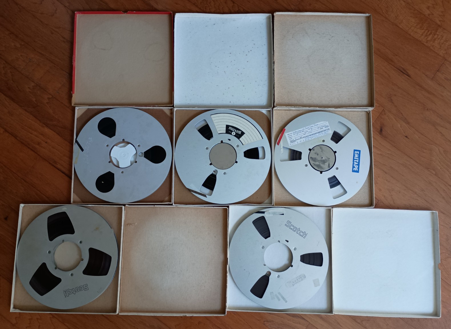 Lot of 5 Metal 10.5" Reel-to-Reel Tape Reels with Used Tape
