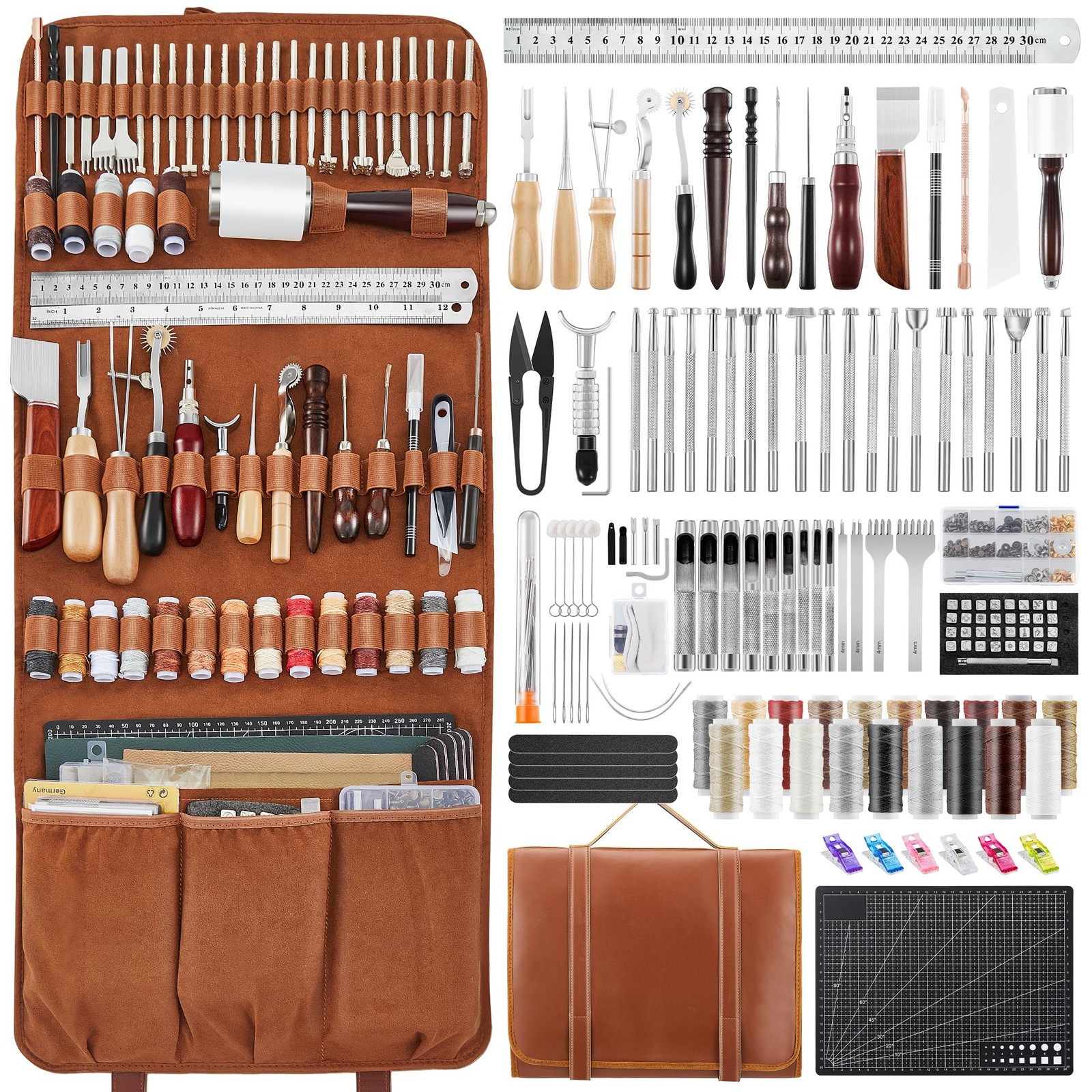 Leather Working Tools kit Max Version with Custom Handbag Cutting Mats Engrav...