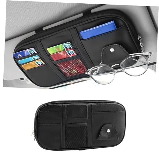 Car Sun Visor Organizer, Multi-Pocket PU Leather Sunglass Holder and Black