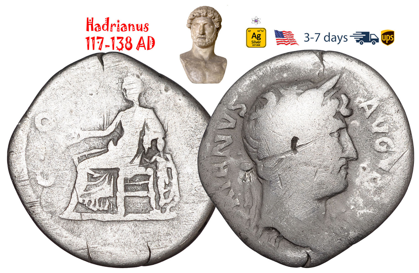 Ancient Roman Empire Coin Silver Denarius Hadrian 117 - 138 AD Authentic #32226