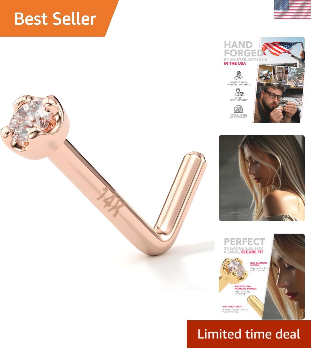 14K Solid Gold Nose Ring Studs - 1.5mm 0.015 cttw Genuine Diamond L Shaped 20...