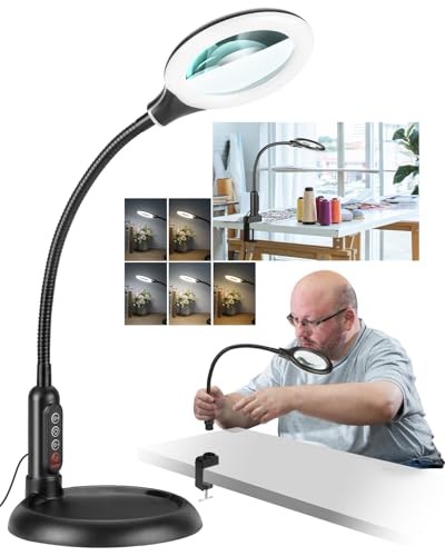 Magnifying Glass with Light and Stand, LED 5 Color Modes, Brightness 10X Black