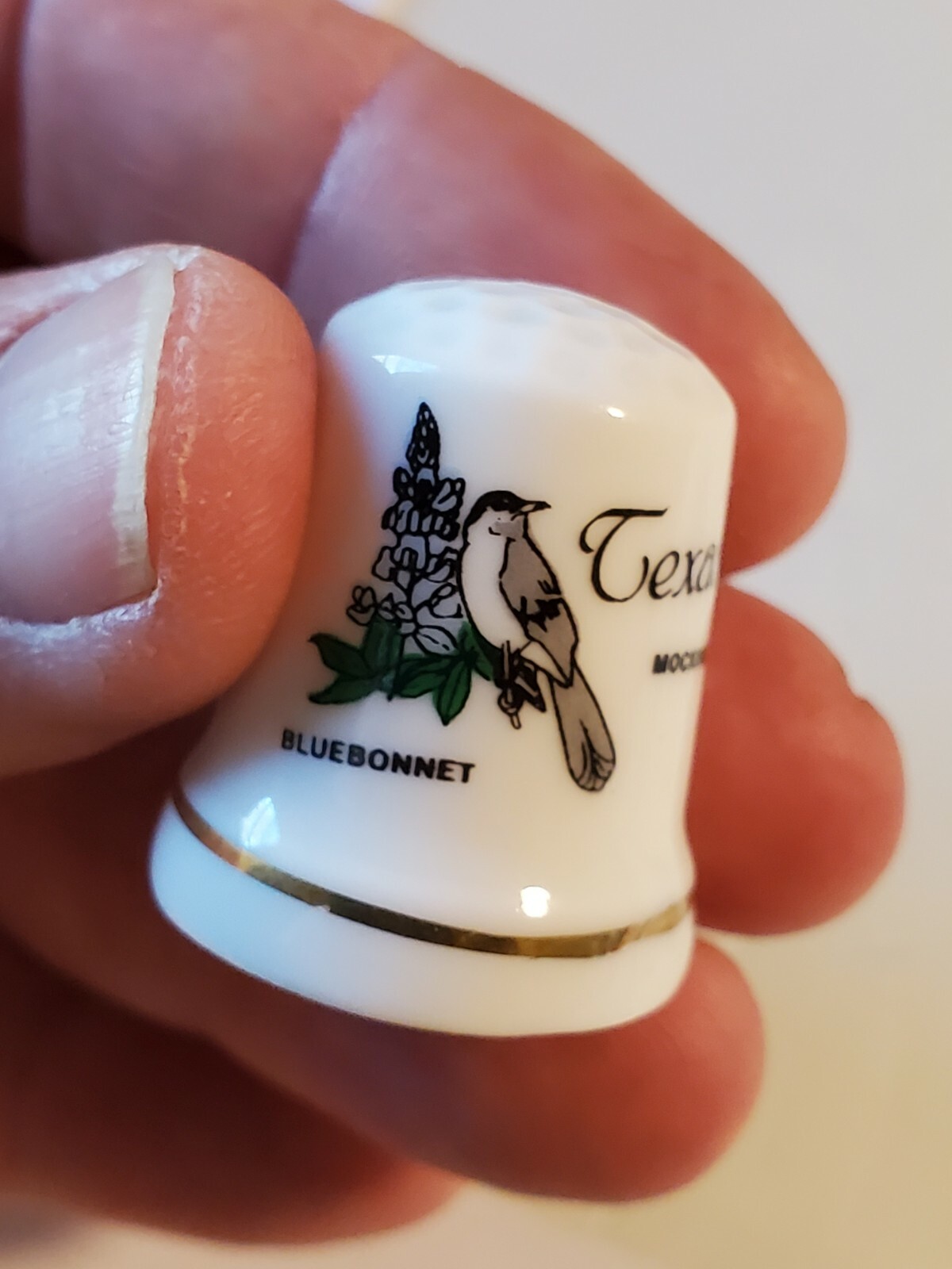Vintage Texas Thimble Porcelain Bluebonnets and Mockingbird MINT CONDITION box1