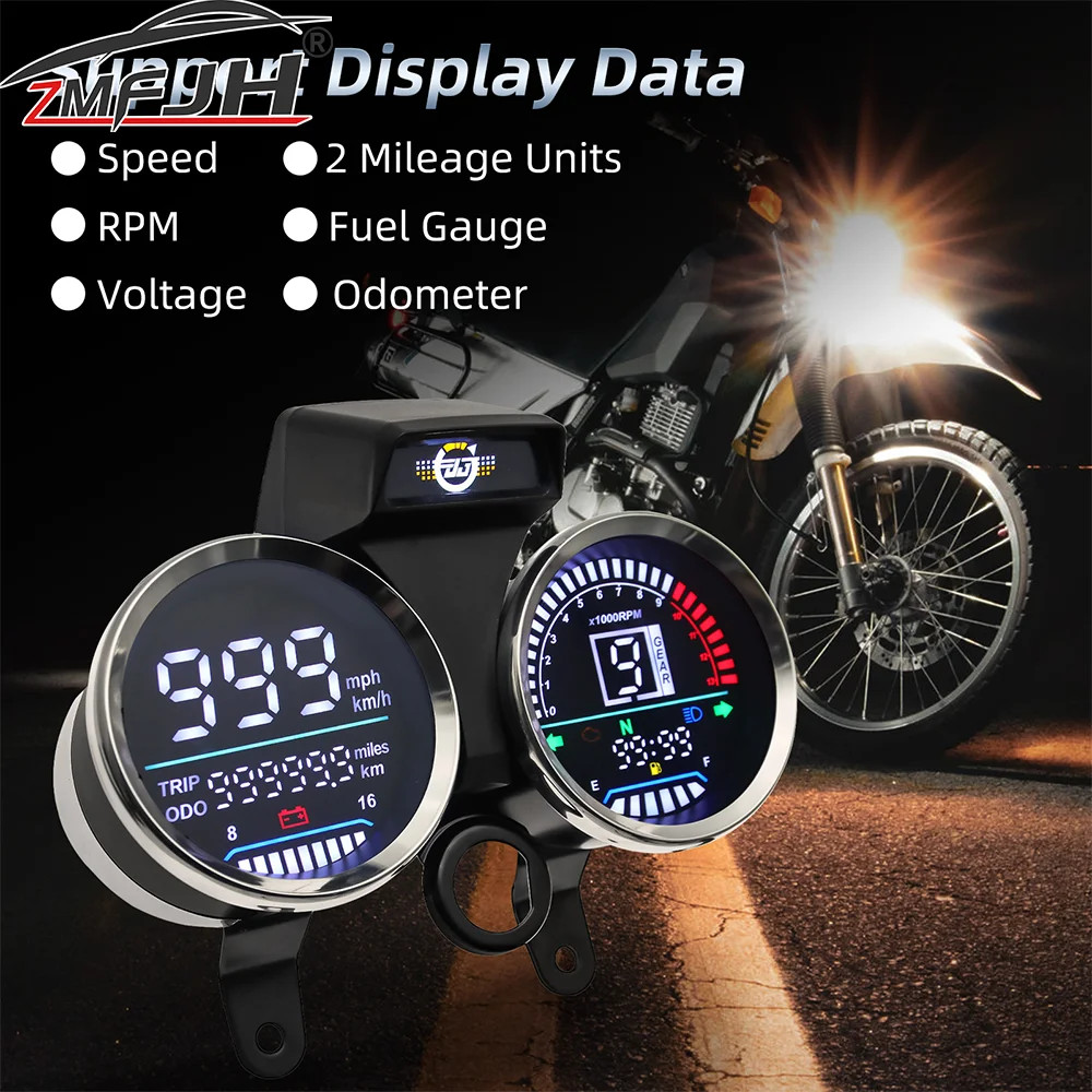 Motorcycle Speedometer RPM Tachometer LED Instrument FuelGauge Voltage Indicator