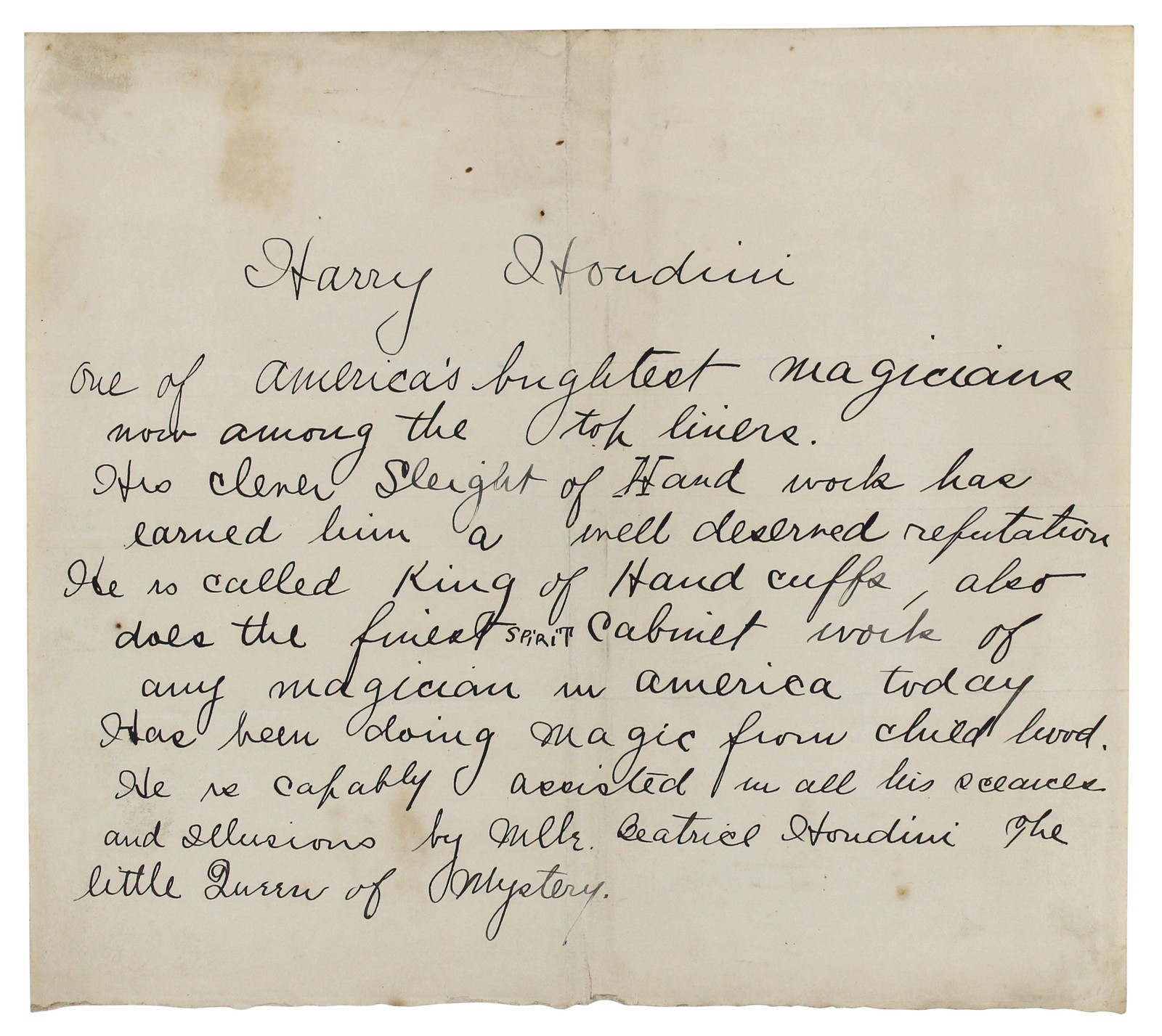 Harry Houdini Authentic Signed 7.25x8.25 Handwritten Press Release BAS #AB76510