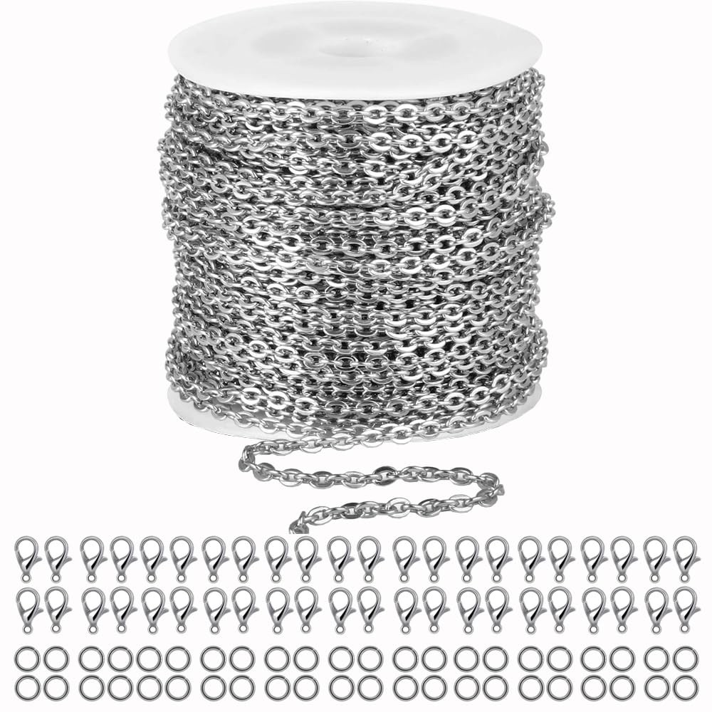 55ft Cable Link Chain for Jewelry 0.8x3x4mm-55FT & 100pcs Clasps+Rings 