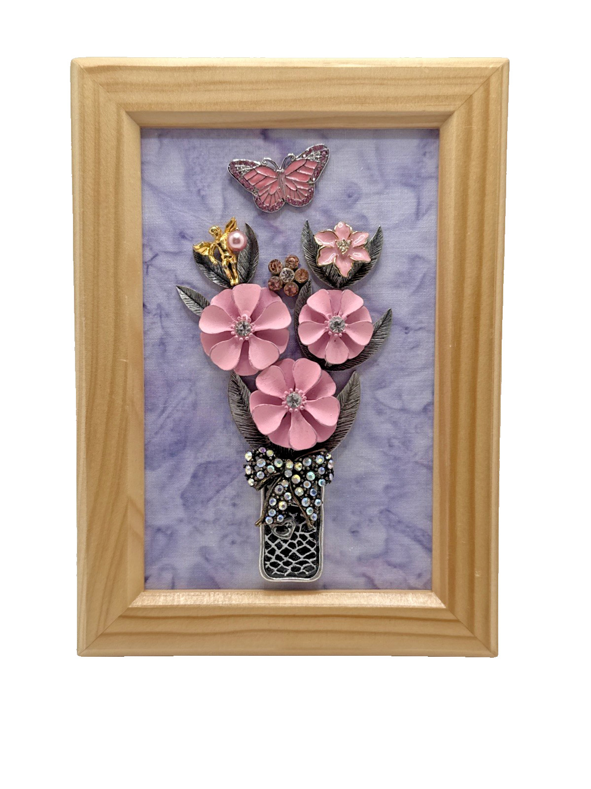 Vintage Jewelry Art FLOWER ARRANGEMENT In VASE in Wood Frame 7 1/4" x 5 1/4"