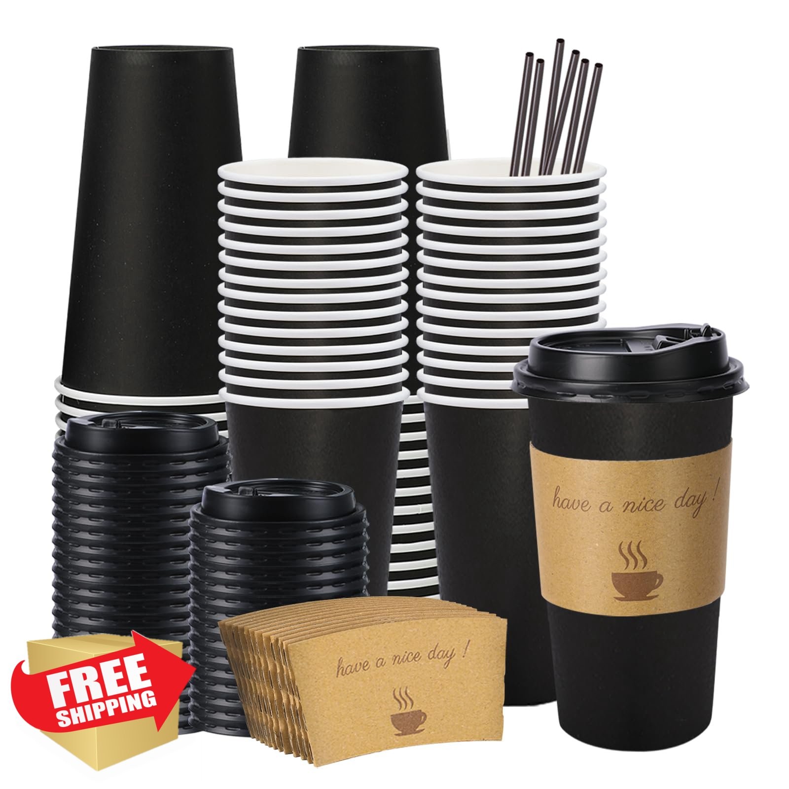 BYSNOW 50 Pack 20oz Disposable Coffee Cups Lids Sleeves
