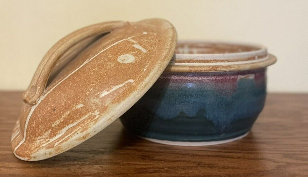 Rob Grimes Studio Art Pottery Storage Bowl Lid 9.5"x6.5" Drip Glaze Signed Teal