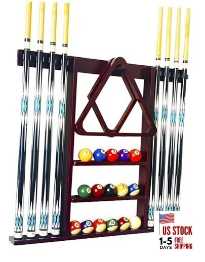 Wall Mount Pool Cue Stick Holder Hold 8 Cues, Pool Stick Holder, Mahogany