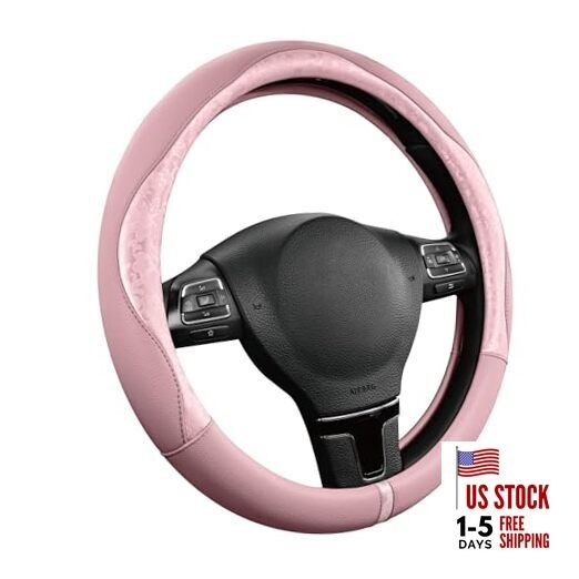  Steering Wheel Cover Patterned Leather Patchwork Design, Universal Fit Pink