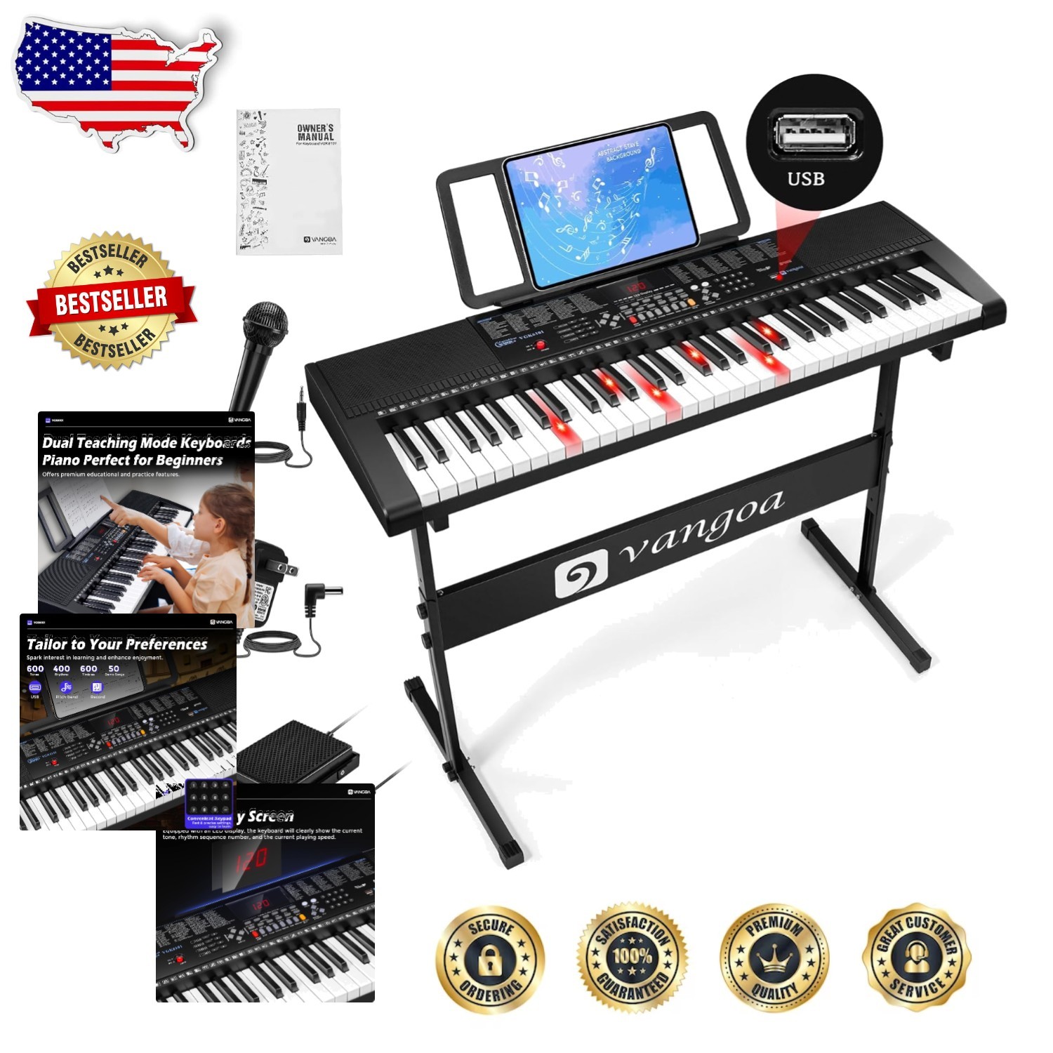 Beginner 61 Key Light-Up Keyboard Piano, USB, Stand, Microphone, 600 Voices