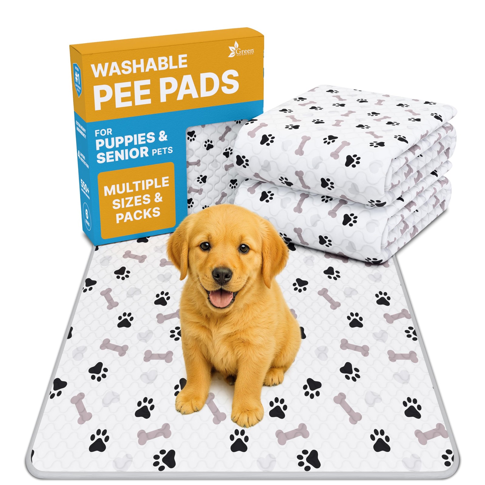 GREEN LIFESTYLE Washable Pee Pads for Dogs  Waterproof Reusable Puppy Pads wi...