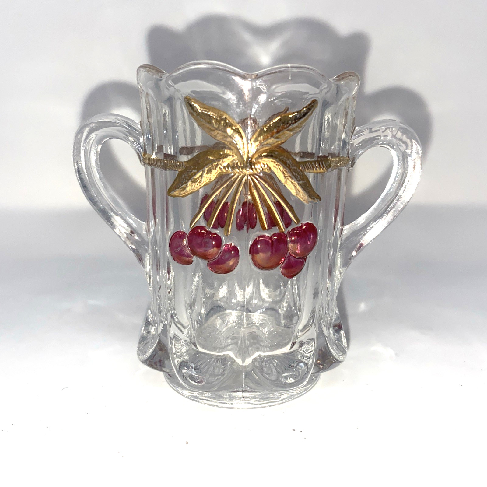 VINTAGE GLASS GOLD CHERRY AND CABLE DOUBLE HANDLED TOOTHPICK HOLDER