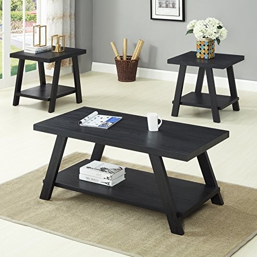  Athens Contemporary 3-Piece Wood Shelf Coffee Table Set  Black