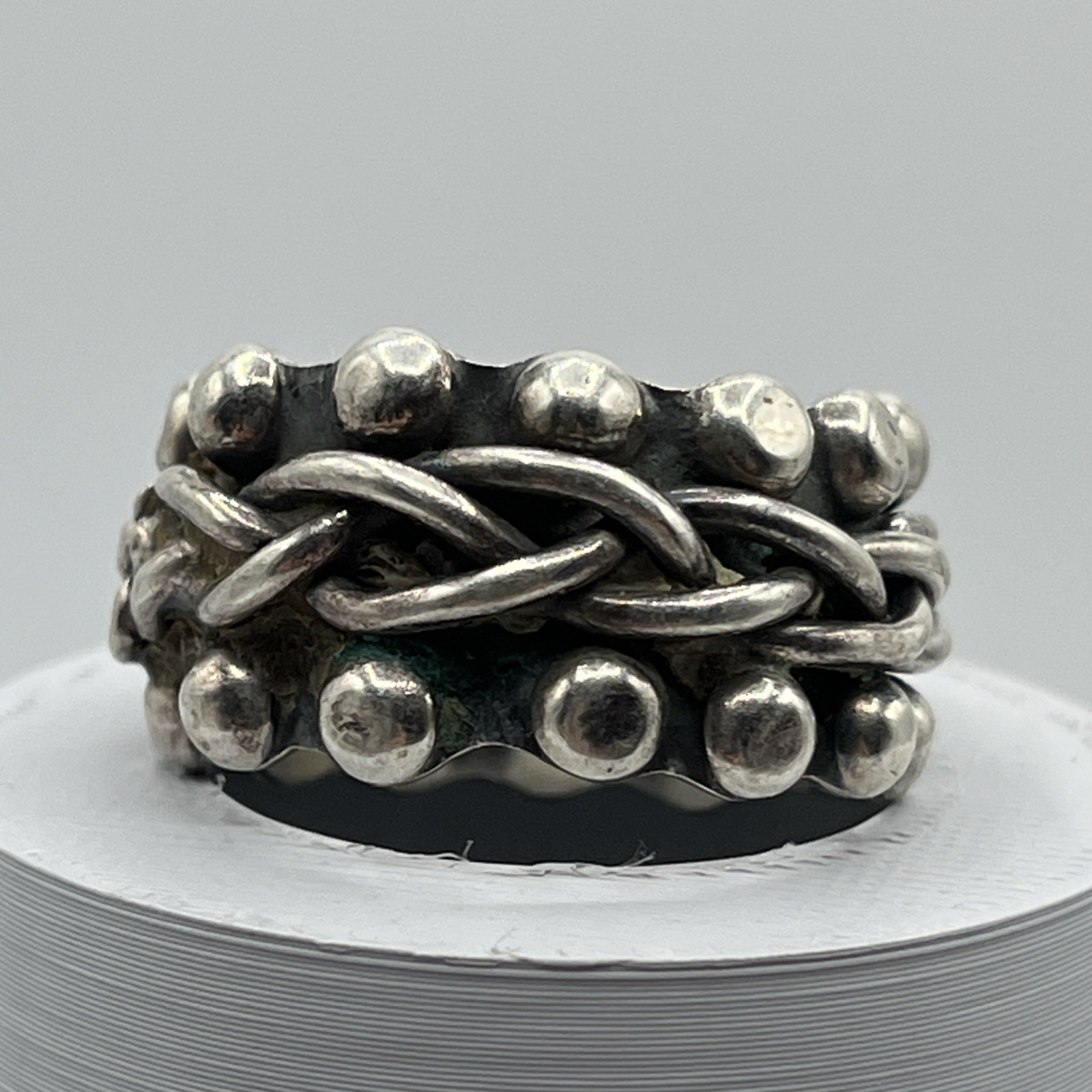 TR-156 Taxco Mexico Balls And Braid Sterling Silver 925 Chunky Ring Sz 9