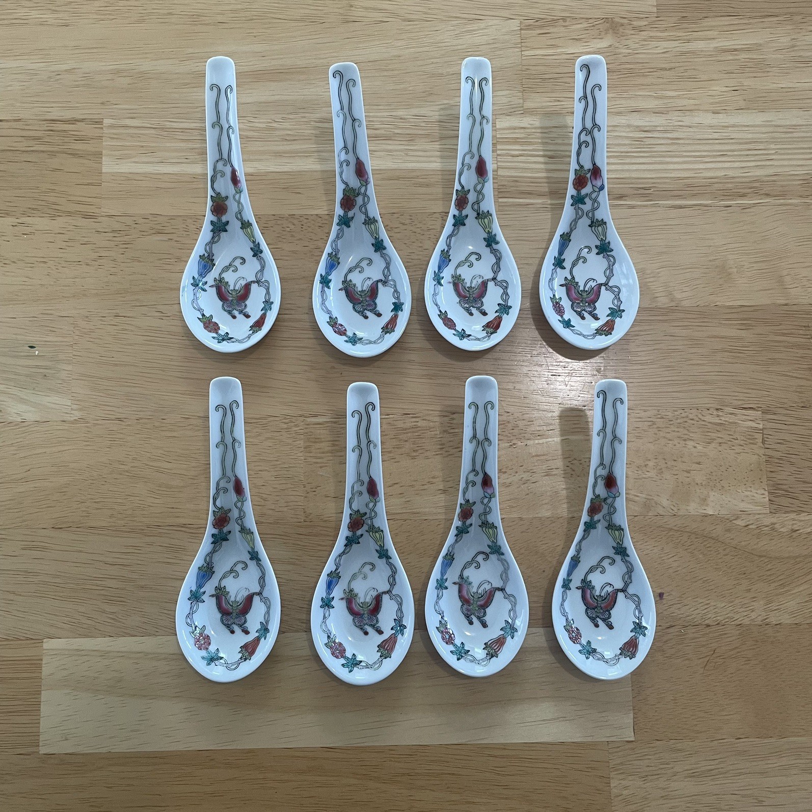  Vintage Chinese Porcelain Soup Spoon Set of 8 Pheonix Floral Jingdezhen Style