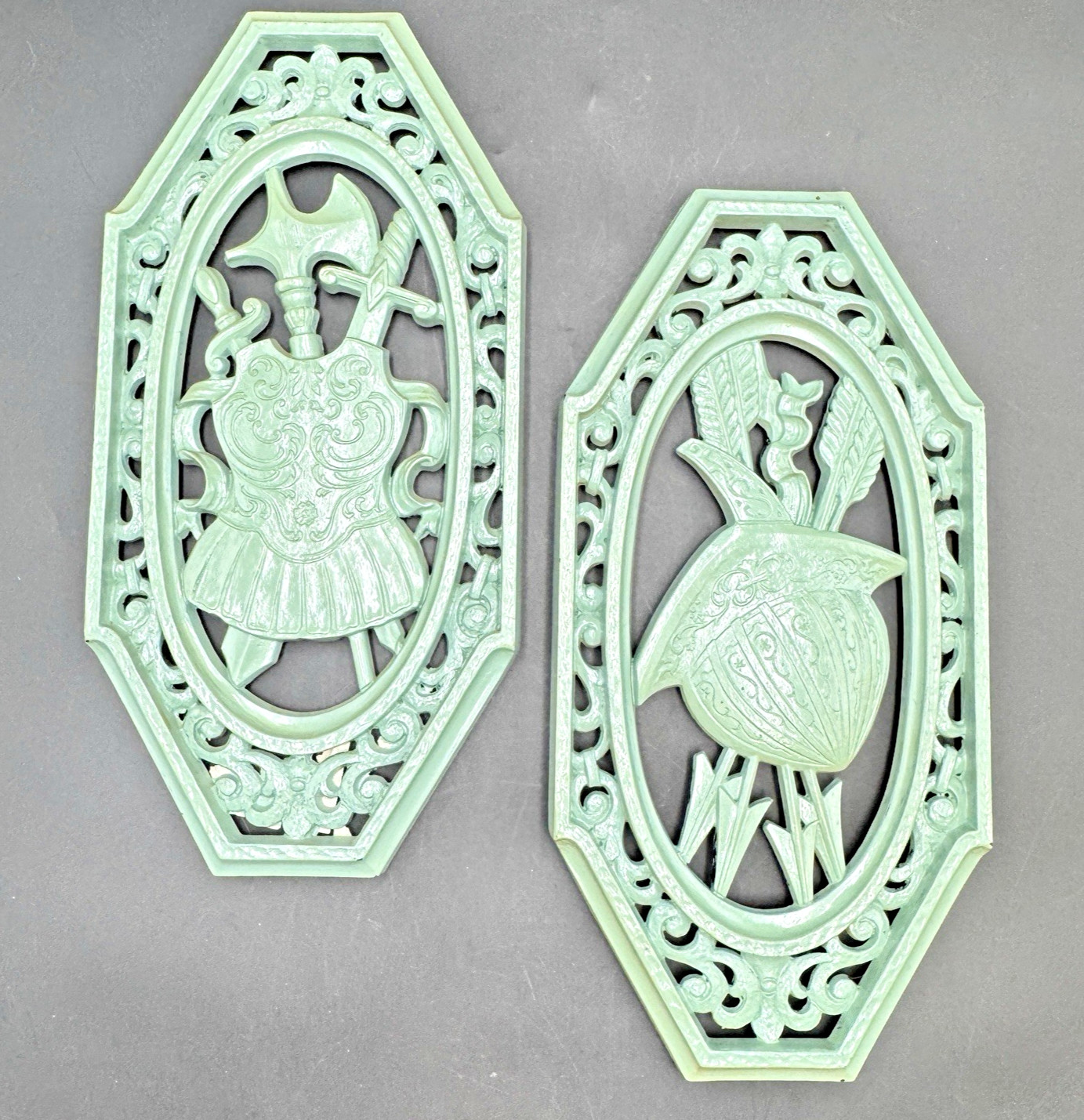 Homco Medieval Spanish Wall Plaques Green Paint Home Interior 7102 7103 MCM Vtg