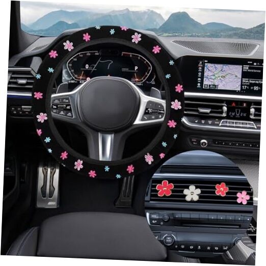 Cute Embroidery Flower Steering Wheel Cover, Non-Slip Floral Steering Wheel 