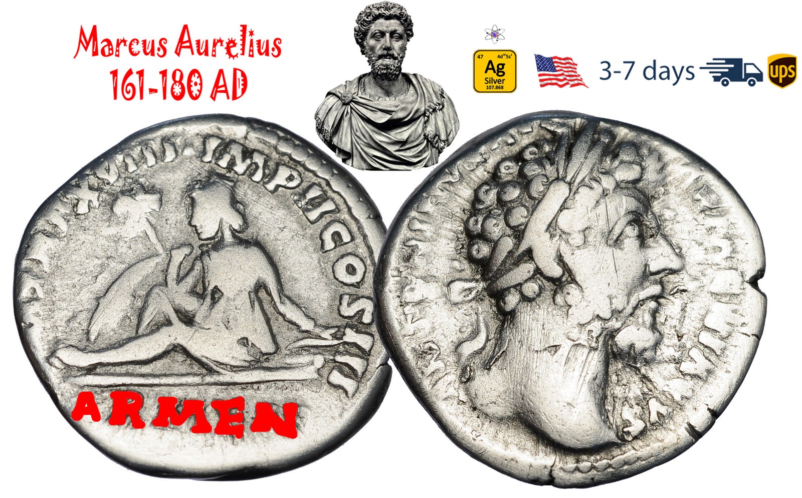 Ancient Roman Empire Coin Silver Denarius Marcus Aurelius 161 180 AD #33524
