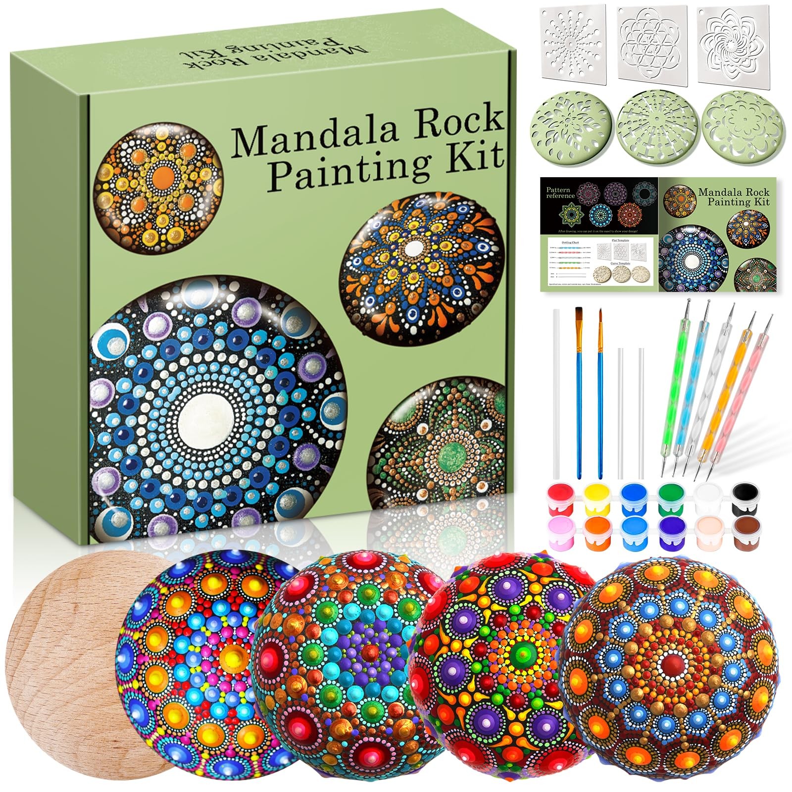 Mandala Rock Painting Kit with 5 Large Wooden Rocks & Dotting Tools