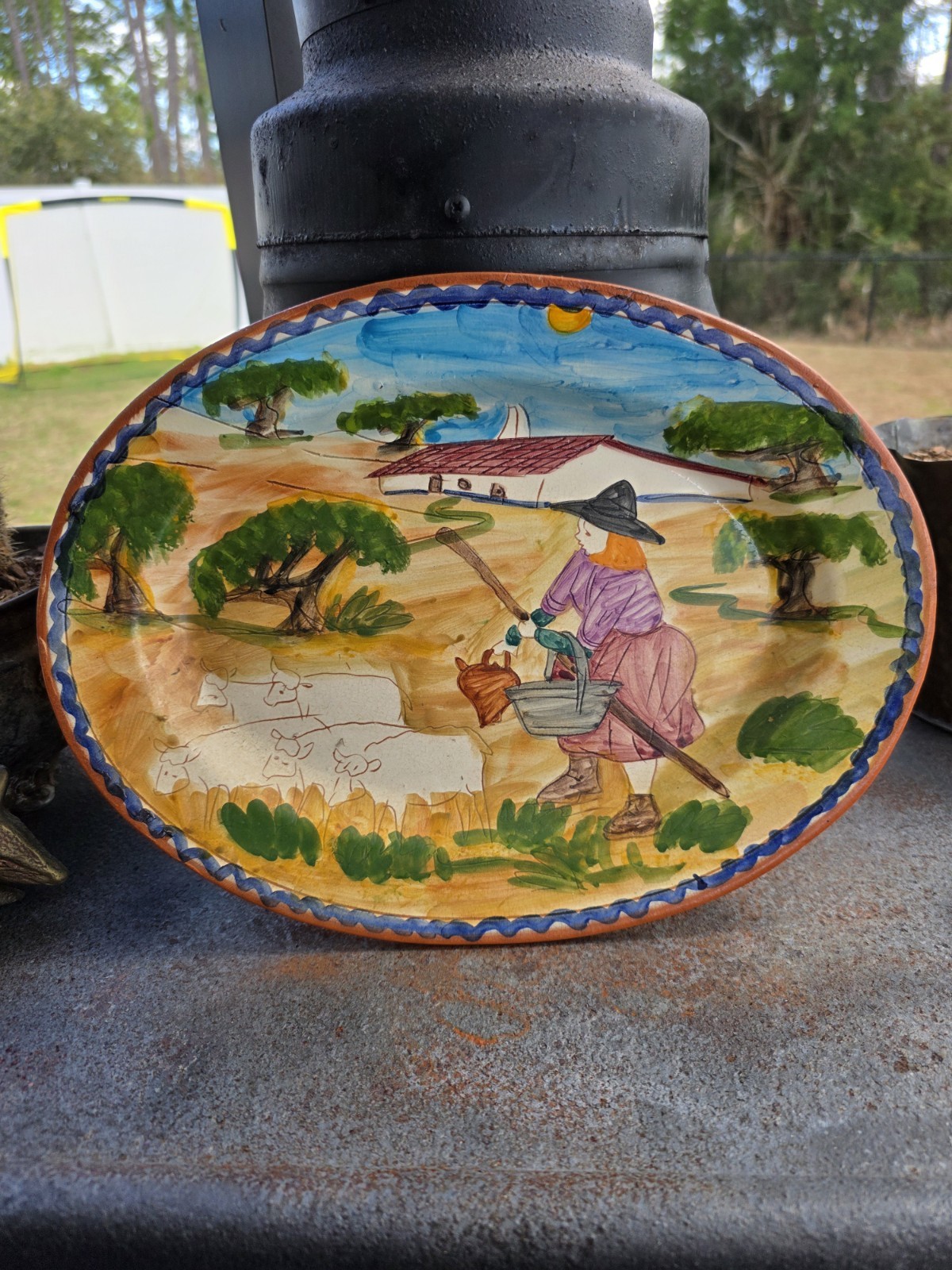 VTG Ovaria Ovar Portugal Hand Painted Pottery Platter Farmer Scene 13x10 Oval