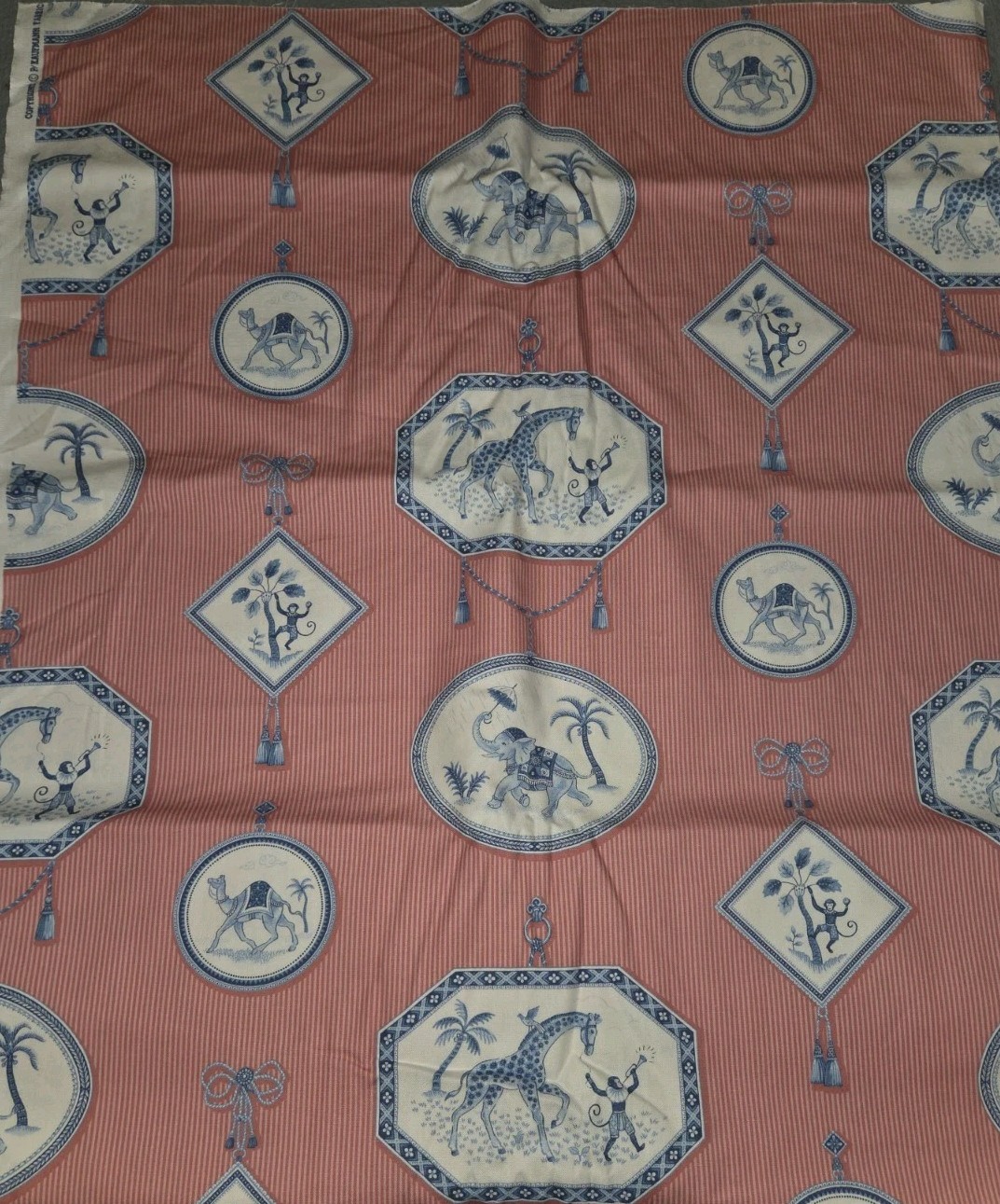 P Kaufmann Designer Fabric Monkey Elephant Camel Pnk Blue 2 Yards