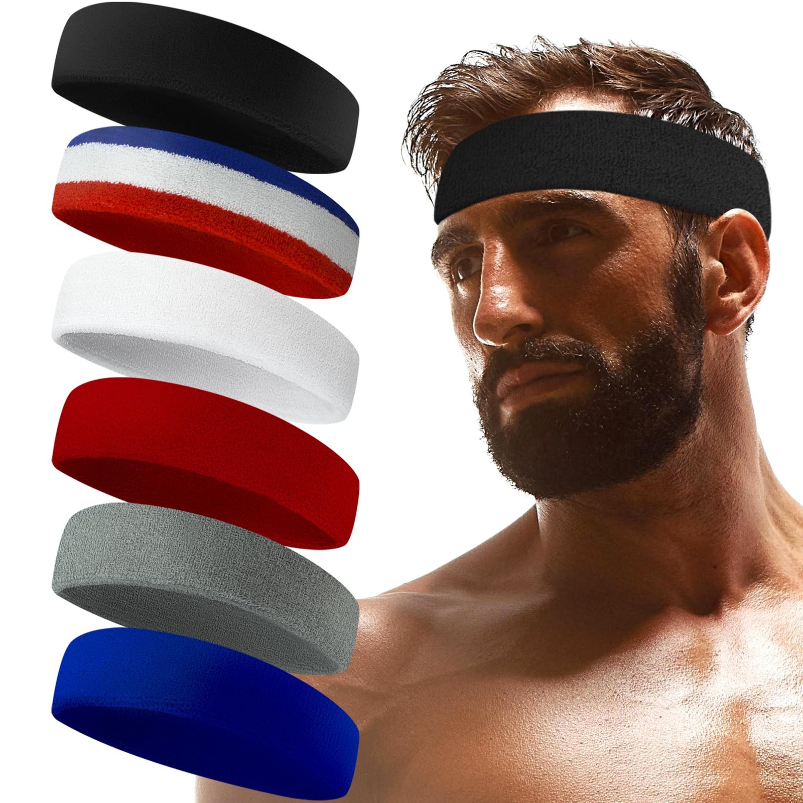 Sweatbands Sports Headband for Men & Women - Terry Cloth 6 Mixed Colors 