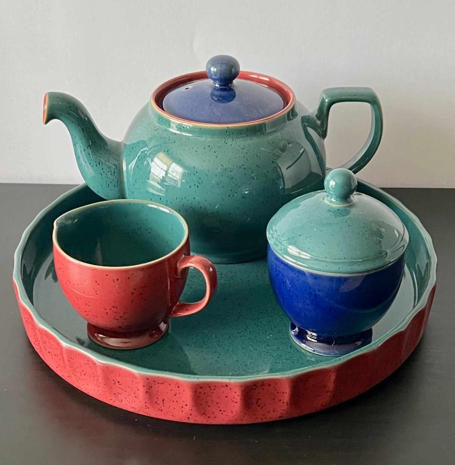 6 PC Denby Harlequin ~ Teapot ~ Creamer ~ Lidded Sugar Bowl ~ Large Serving Tray