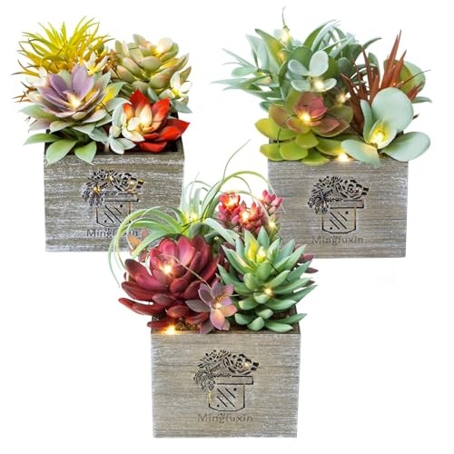  Succulents Plants Artificial with Light, Small Fake Plants in Pots for Radiant