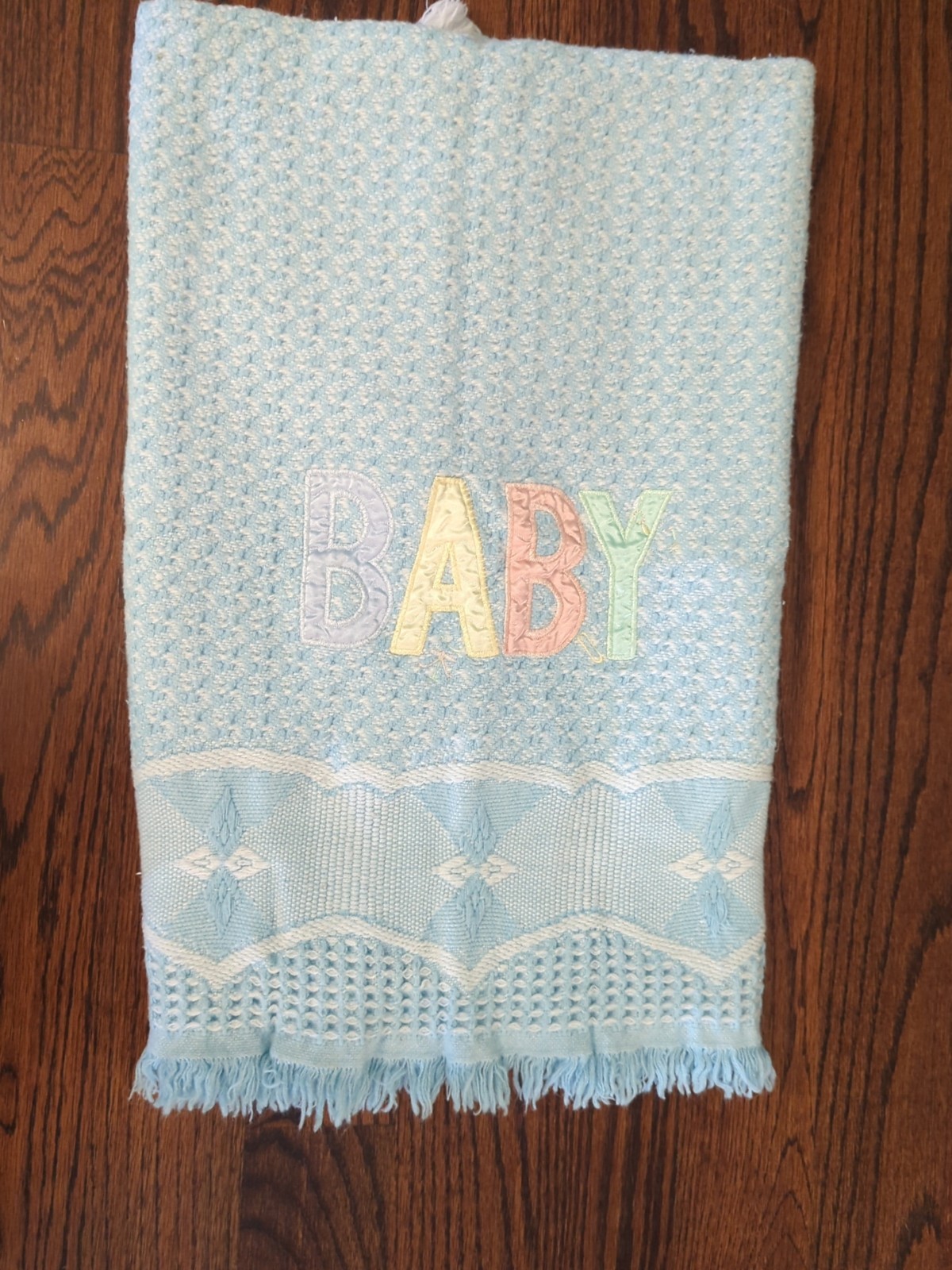 Vtg Bright Future BABY Blanket BLUE Acrylic LOOSE Weave FRINGE White Applique