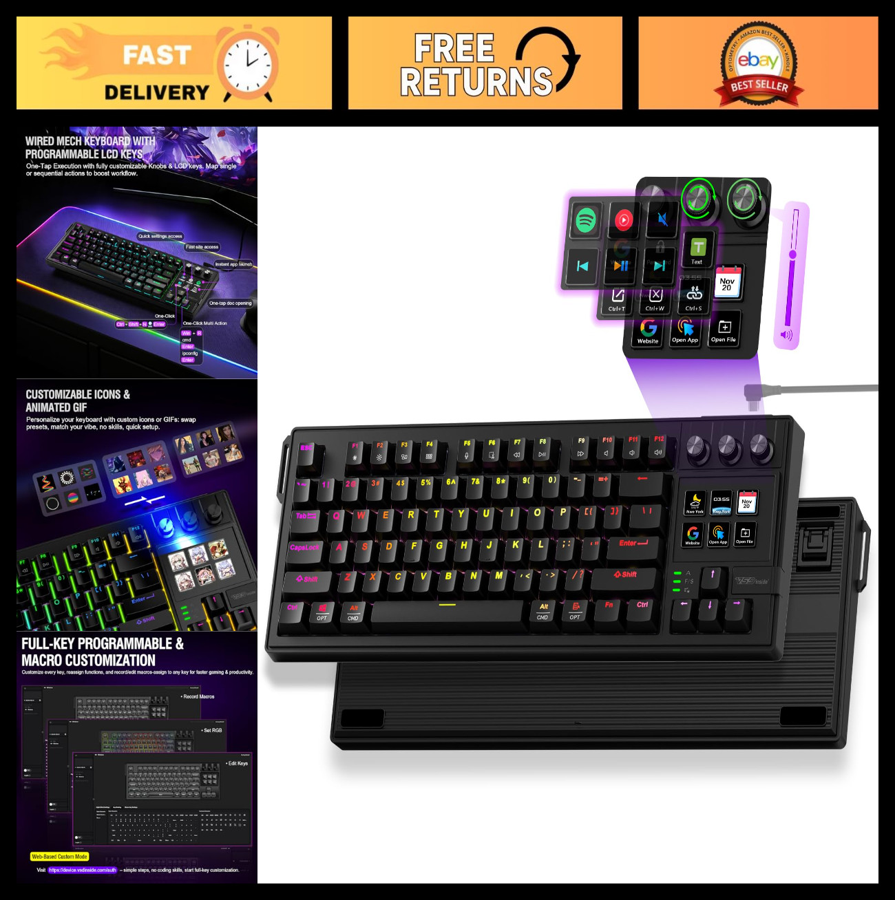 Full-Key Programmable Macro Keyboard - Wired Mechanical Gaming Keypad, RGB Backl