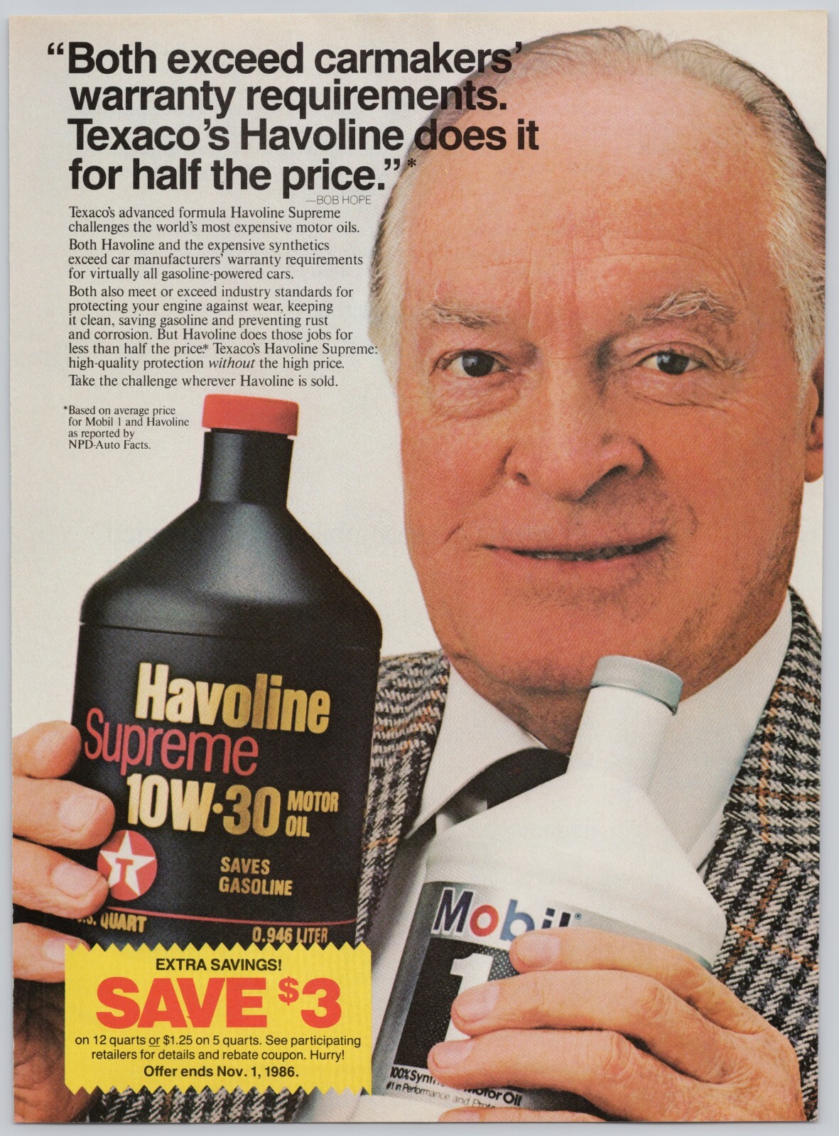 1986 Texaco Havoline Supreme Motor Oil Bob Hope Vintage Print Ad