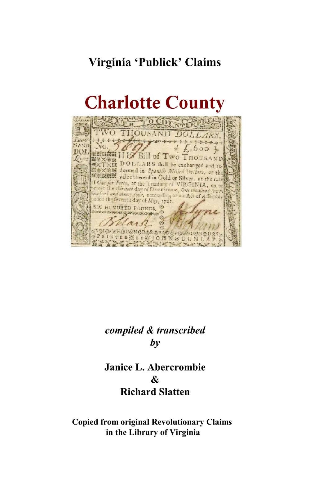 Charlotte County, Virginia Revolutionary Publick Claims GENEALOGY