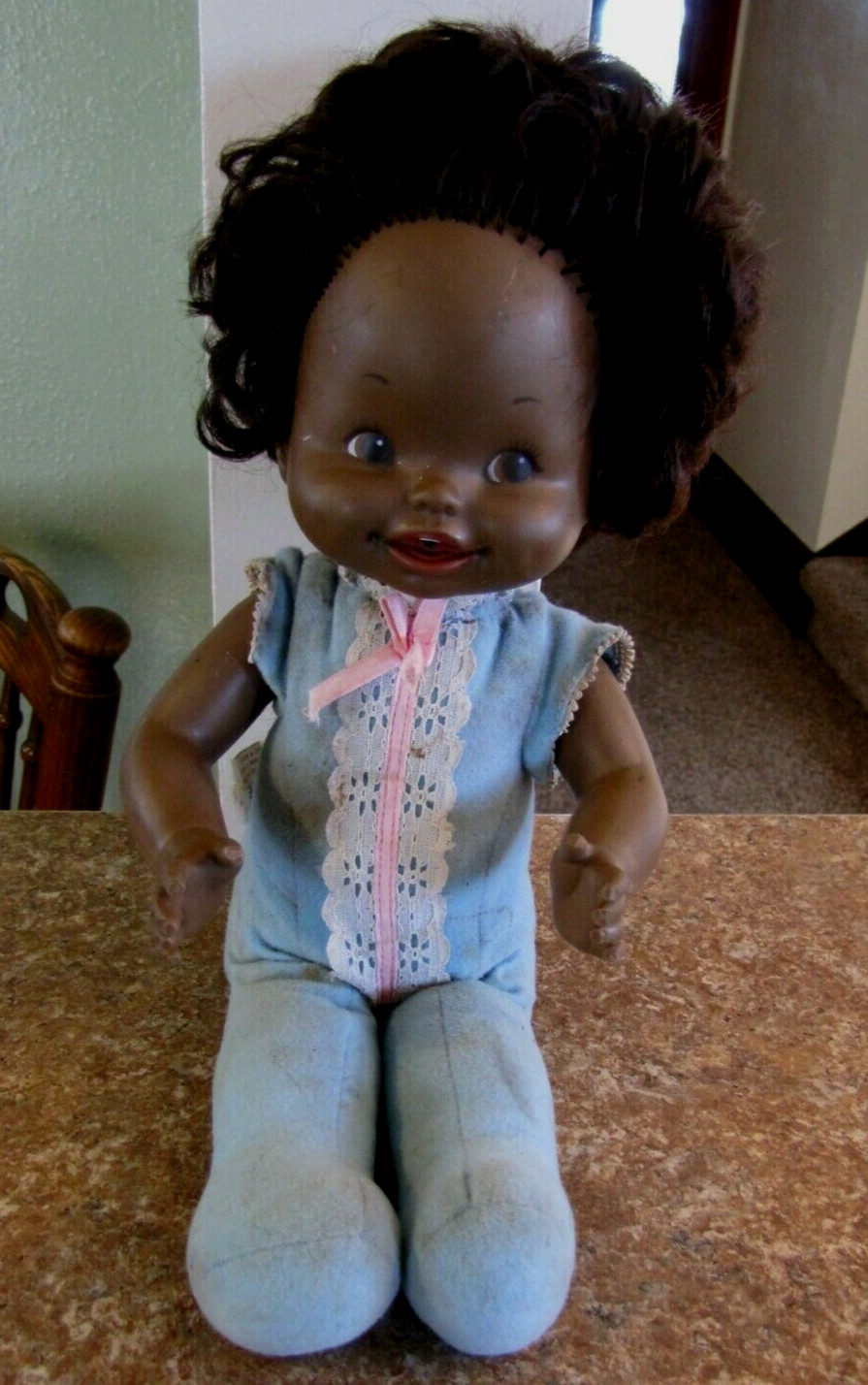 CUTE! Vintage 1981 Drink Wet 15" Black Baby Doll by Mattel Pull String Arms Move