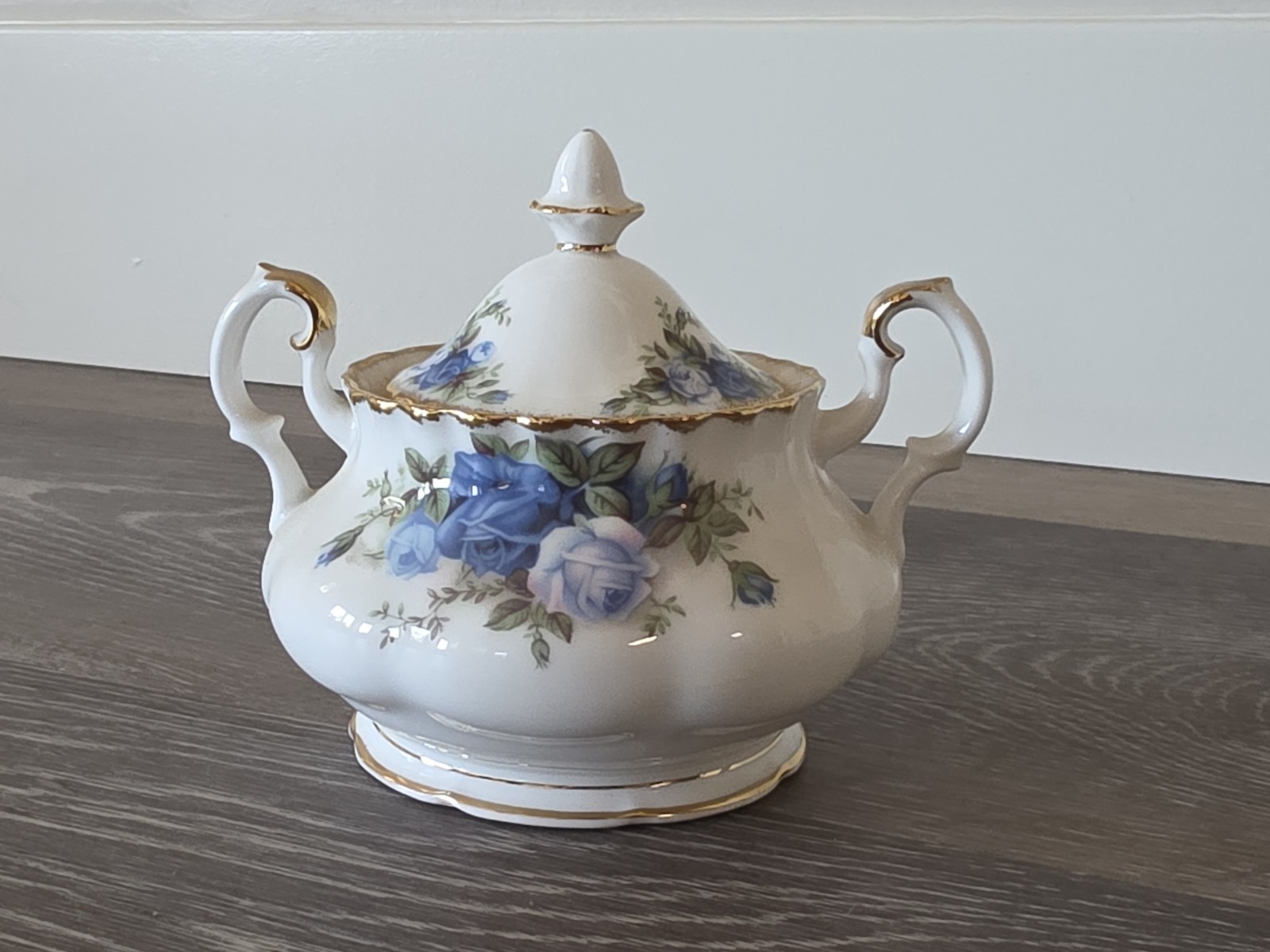 Royal Albert Moonlight Rose Bone China Sugar Bowl Lid Blue Floral Gold Trim 