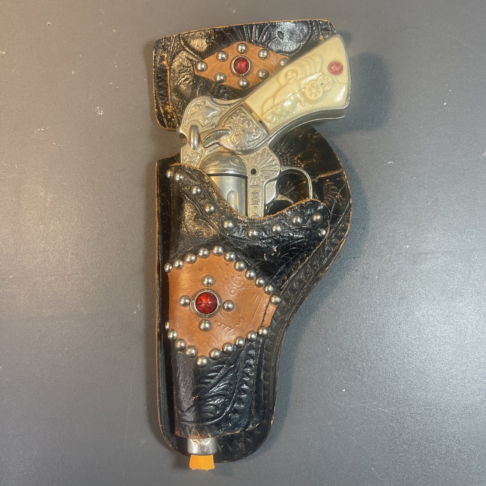 Vintage Western 1940's Era STEVENS 49-er Cast Iron TOY Cap Gun With Org. Holster