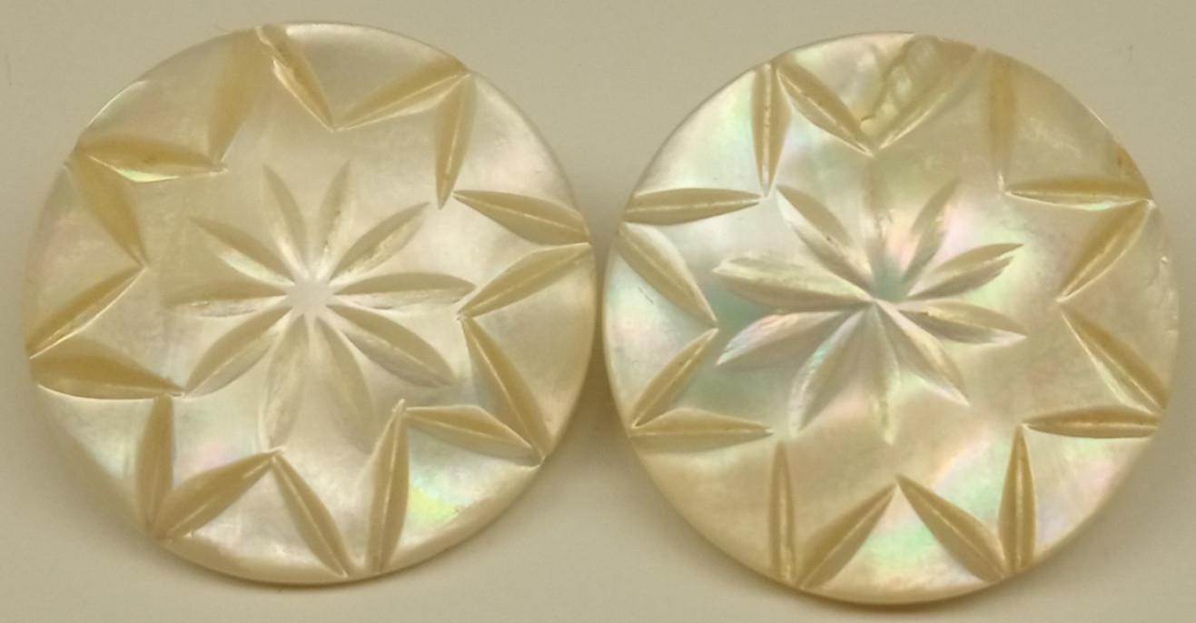 Pair of Mother of Pearl Etched Matched Metal Shank Button 1"