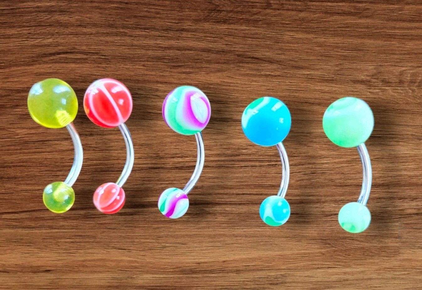 Lot of 5 Multicolor Acrylic Belly Button Rings – Fun Designs Navel Jewelry 14G