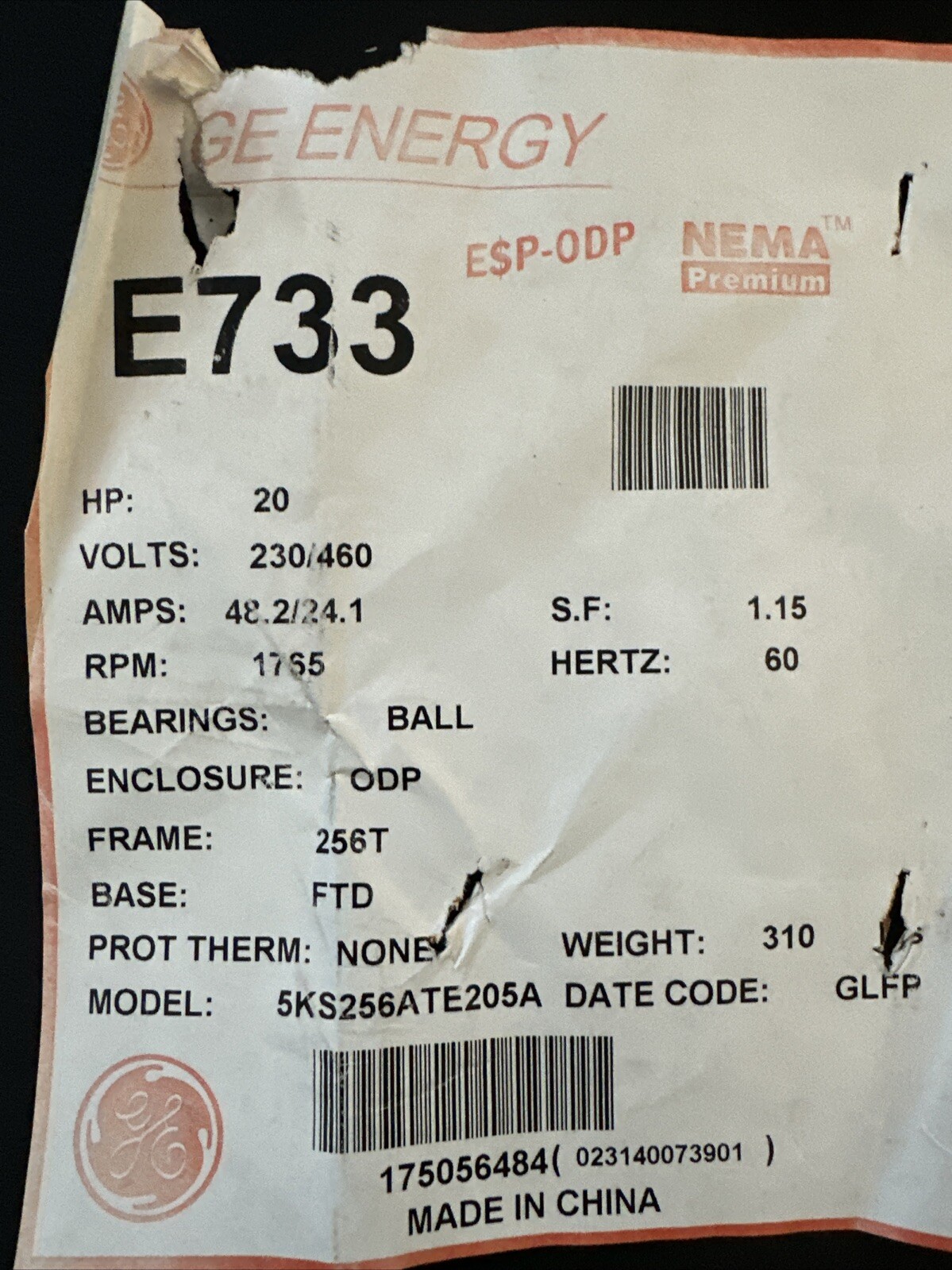 New 5Ks256Ate205A GE General Electric Motor 20HP 1800 RPM 230/460V 60Hz 3Ph
