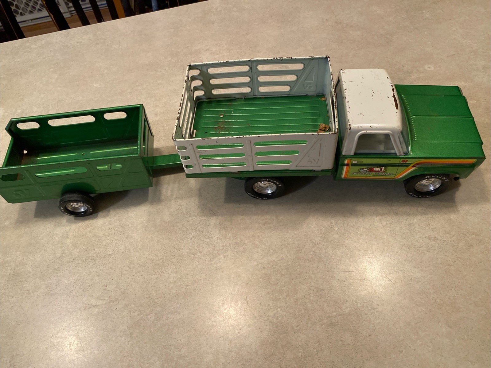 Vintage Nylint Farms Pressed Steel Stake Bed Truck with Trailer - 1970's