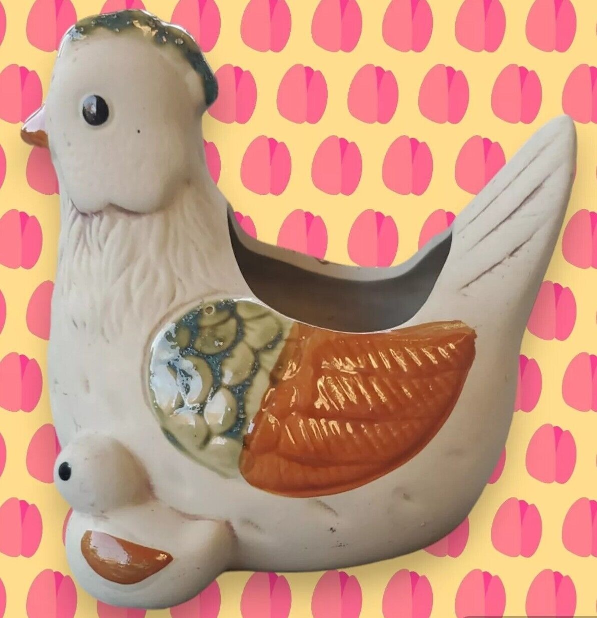 Vintage Pottery Chicken With Chick & Egg Planter 6" Partially Glazing Farmhouse 