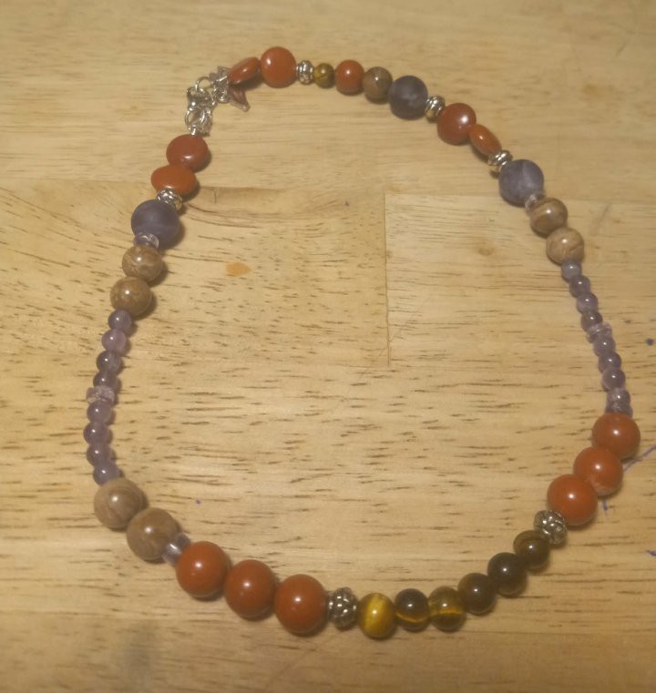 Red Jasper, Tigers Eye, Wood Opelite, And Amethyest Single Strand Choker