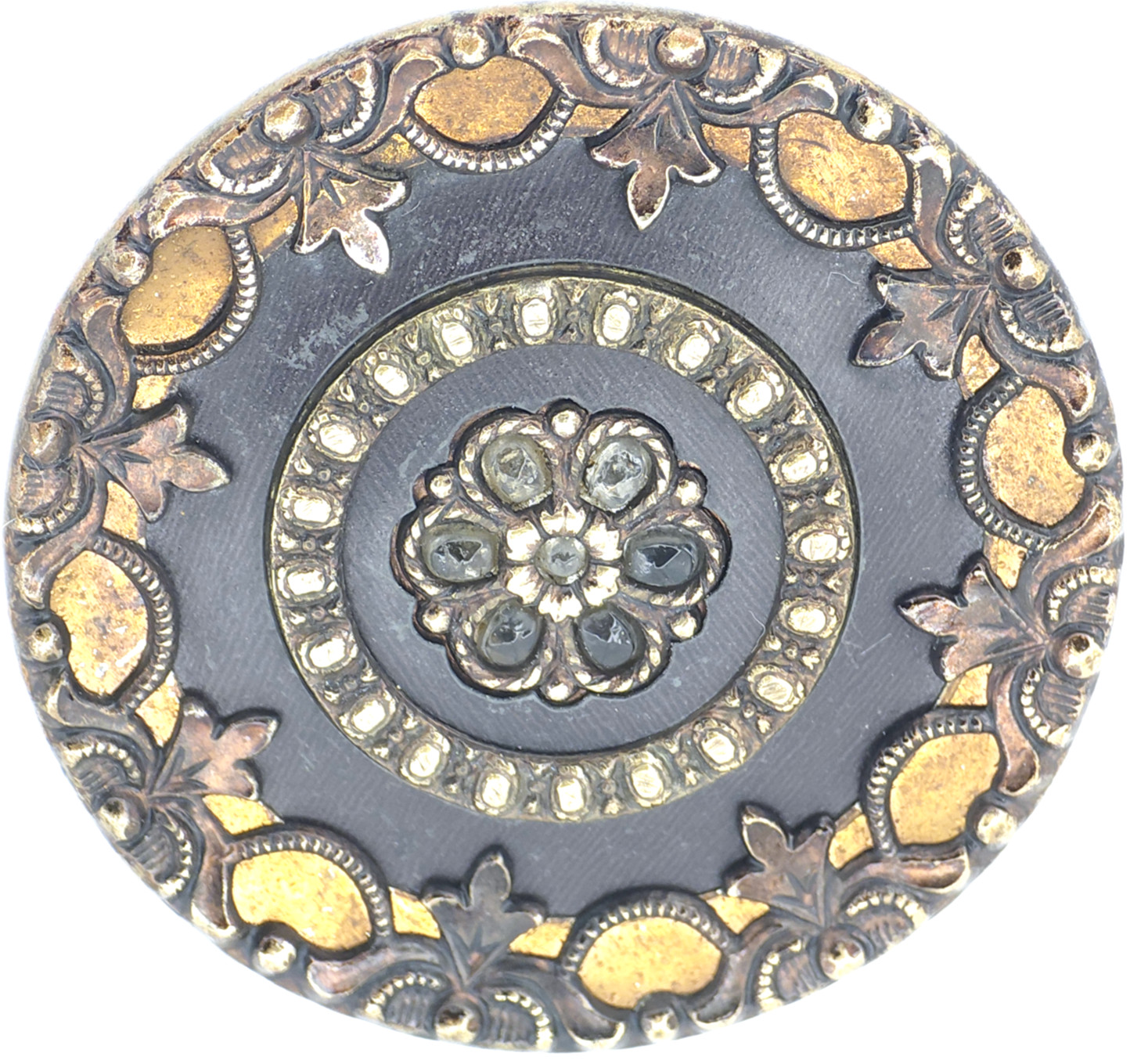 1.31" Antique Victorian Copper Brass Lacy Flower Palmette Button Glass Stones