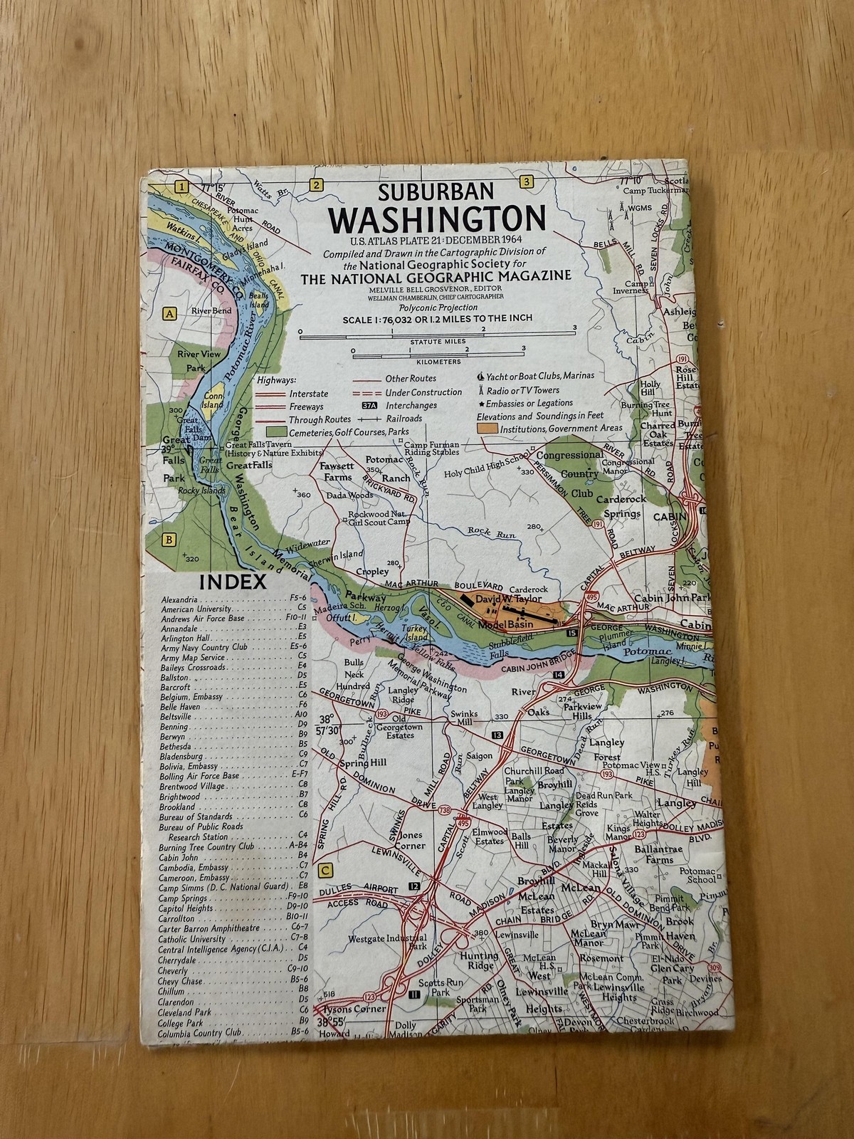 Vintage 1964 National Geographic Suburban Tourist Washington DC Map Fold-Out