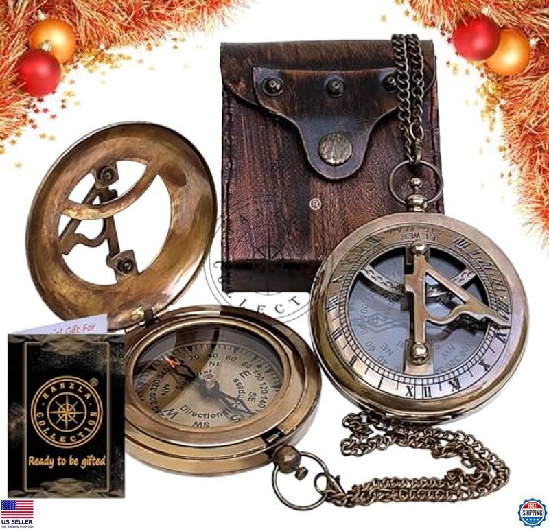 Brass Sundial Compass with Leather Case & Chain - Steampunk Nautical Gift 4