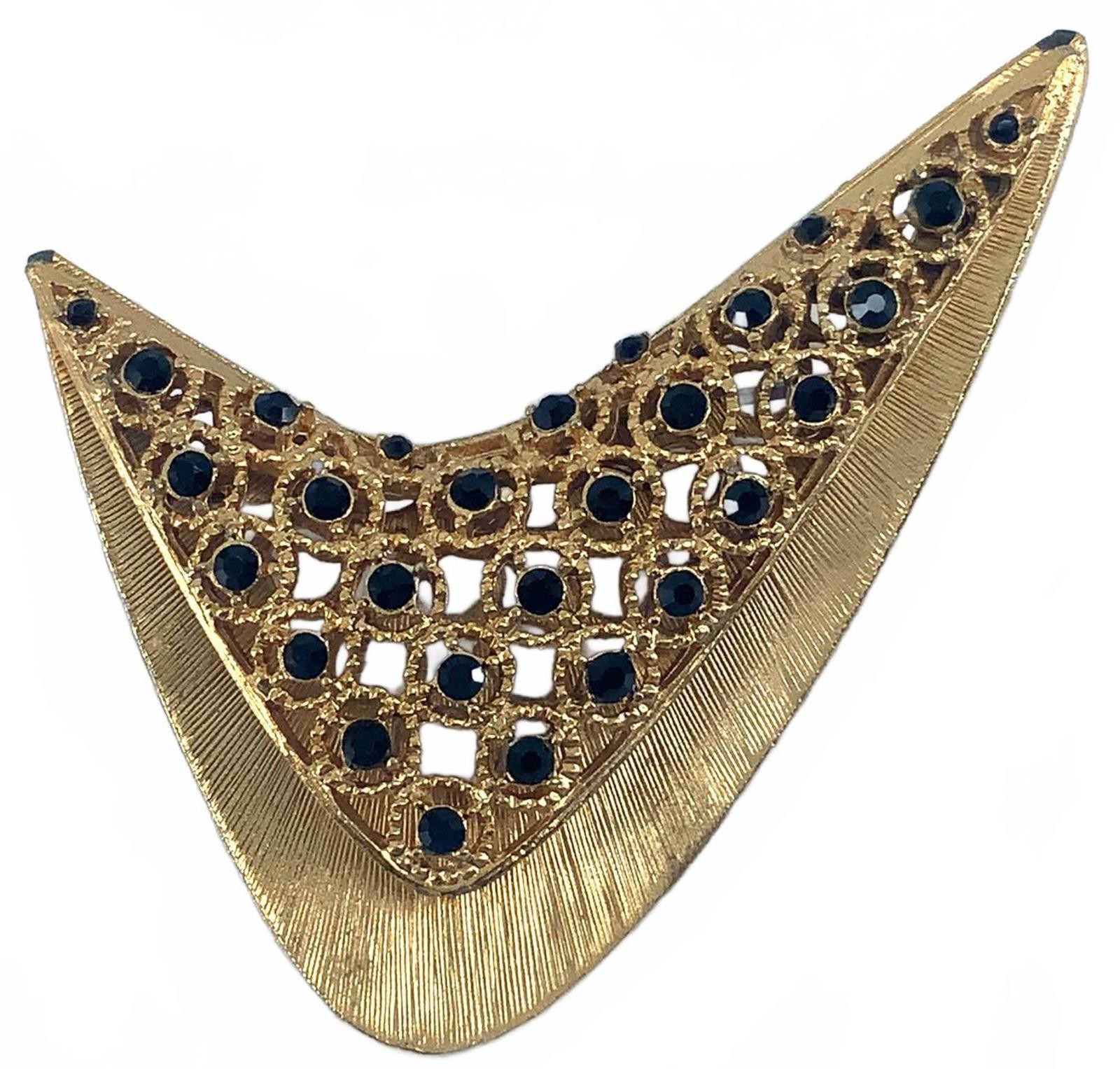 Vintage Gold Tone Mid Century Modern Chevron Brooch Black Rhinestone Pin